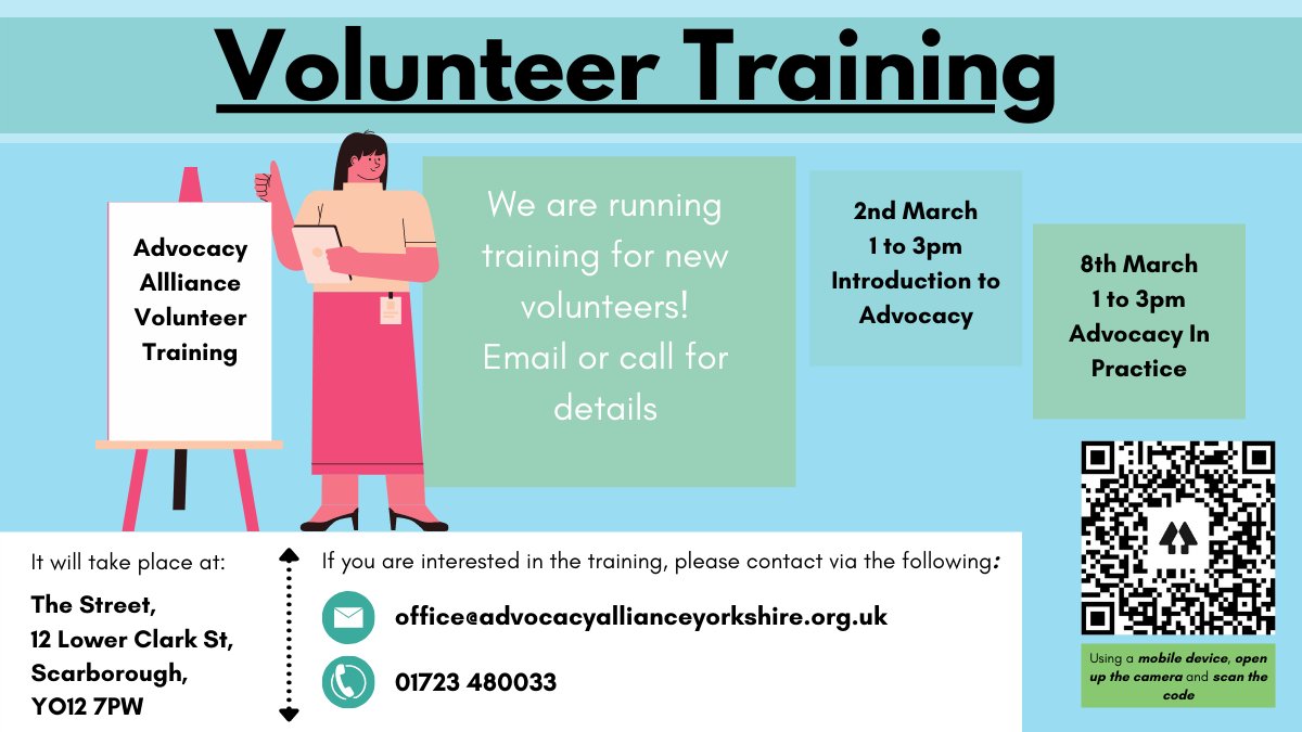 Would you or someone you know like to volunteer for us? We are running FREE training in March for all new volunteers. Call us on 01723 363910 for full details Or email office@advocacyallianceyorkshire.org.uk Please remember to SHARE this post @CaVCA1 @CommFirstYorks @S6F