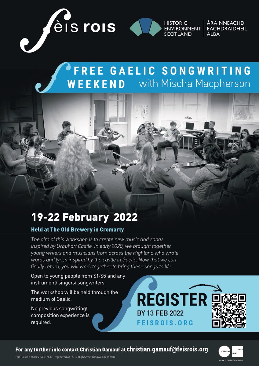 🎶 Free Gaelic Songwriting Weekend 🎶 We are really looking forward to working with our young songwriters during our @HistEnvScot Gaelic Songwriting weekend with @MischaMacp, 19th-22nd Feb in Cromarty! Open to Gaelic speakers in S1-S6. Register here ➡ bit.ly/3syJtqi