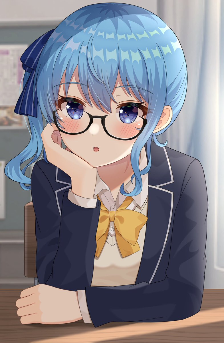 hoshimachi suisei 1girl blue hair solo blue eyes glasses school uniform side ponytail  illustration images