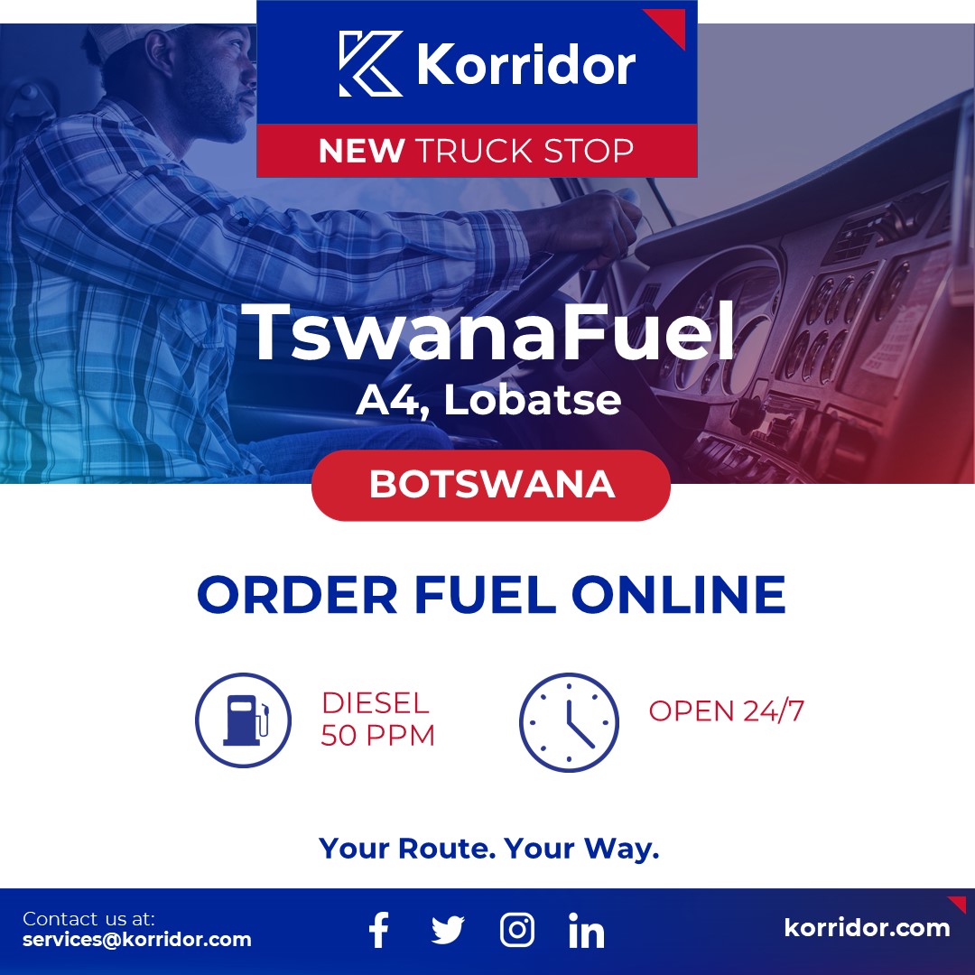 Order Fuel online with Korridor at TswanaFuel, A4, Lobatse, Botswana.
Your Route. Your Way.
#Technology #Logistics #Transport #Transportation #Freight #FleetManagement