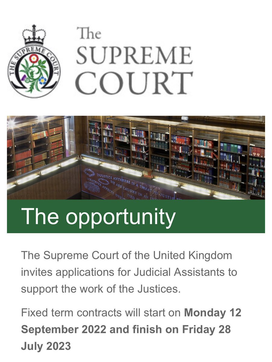 BME@TheBar (@bmeatthebar) on Twitter photo OPPORTUNITY: JUDICIAL ASSISTANT <a href="/UKSupremeCourt/">UK Supreme Court</a>
To apply for the opportunity follow the link below and complete the application form👇🏾
webmicrosites.hays.co.uk/web/supremecou…
CLOSING DATE📆
Midnight on Thursday 31 March 2022.
<a href="/BridgeTheBar/">Bridging the Bar</a> <a href="/cakeandcounsel/">Cake & Counsel</a> <a href="/BnlfJld/">British Nigeria Law Forum: Junior Lawyers Division</a> <a href="/BGLU_Global/">British-Ghanaian Lawyers Union</a> <a href="/BirmBlackLawyer/">Birmingham Black Lawyers</a> OPPORTUNITY: JUDICIAL ASSISTANT <a href="/UKSupremeCourt/">UK Supreme Court</a>
To apply for the opportunity follow the link below and complete the application form👇🏾
webmicrosites.hays.co.uk/web/supremecou…
CLOSING DATE📆
Midnight on Thursday 31 March 2022.
<a href="/BridgeTheBar/">Bridging the Bar</a> <a href="/cakeandcounsel/">Cake & Counsel</a> <a href="/BnlfJld/">British Nigeria Law Forum: Junior Lawyers Division</a> <a href="/BGLU_Global/">British-Ghanaian Lawyers Union</a> <a href="/BirmBlackLawyer/">Birmingham Black Lawyers</a>