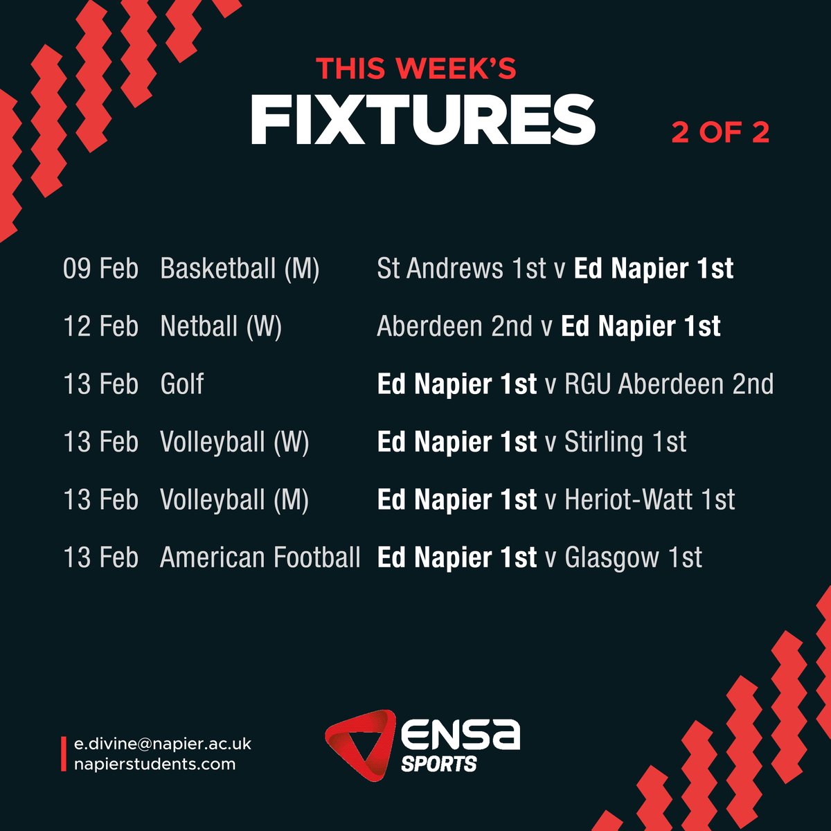 napierstudents's tweet photo. This week's sports fixtures are out!

Good luck to all of our teams! 🖤❤️

#ensa #ednapier #napierstudents #ensasports #teamnapier https://t.co/6dfbVwXWcs