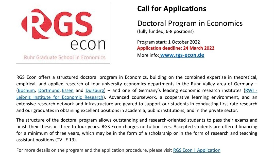 Interested in a #PhD in energy/environmental/climate economics with me or one of many great colleagues? Please apply for our structured doctoral program at the Ruhr Graduate School of #Economics #RGSEcon until 24.03.2022!
<a href="/ruhrunibochum/">Ruhr-Universität Bochum</a>
<a href="/unidue/">Uni Duisburg-Essen @unidue.bsky.social</a> <a href="/TU_Dortmund/">TU Dortmund</a> <a href="/RWI_Leibniz/">RWI Leibniz-Institut</a>