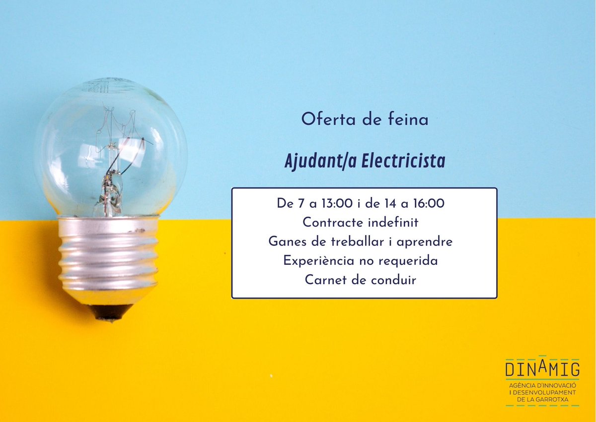 #ofertadefeina
📢 Ajudant/a d'electricista
.
👉 De 7 a 13:00 i de 14 a 16:00
👉Contracte indefinit
👉Ganes de treballar i aprendre
👉Experiència no requerida
👉Carnet de conduir
.
📈📲 Per inscriure't bit.ly/3m8Q8ow