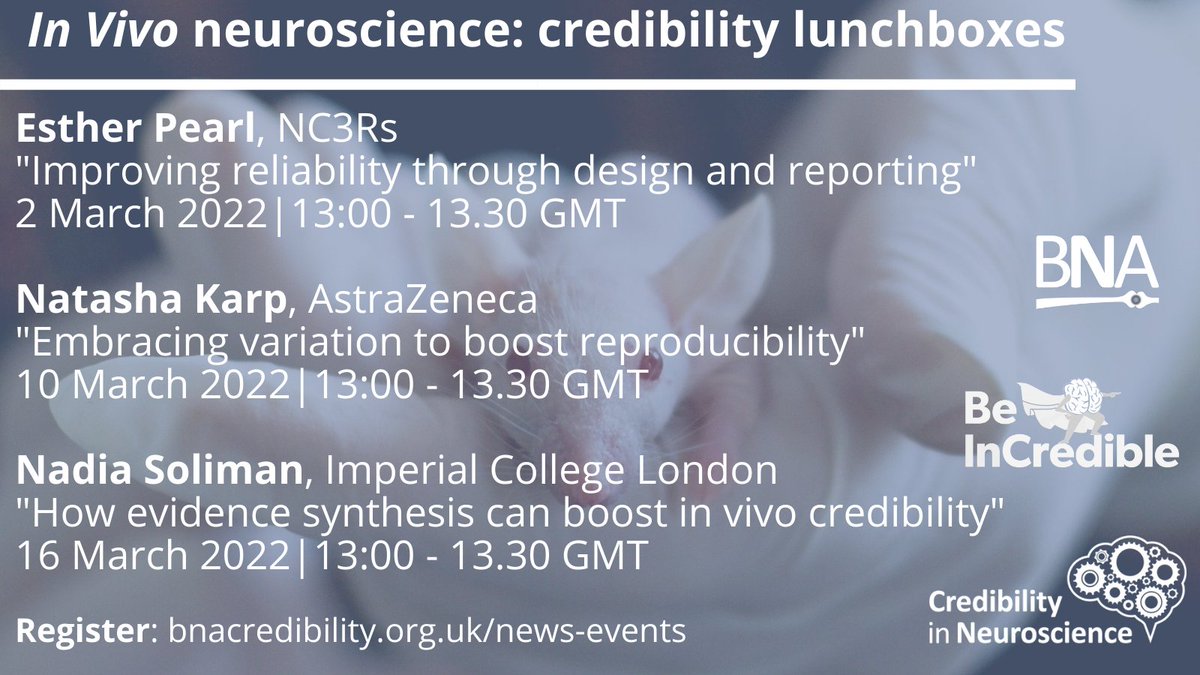 If you're working within in vivo neuroscience, sign up now for our free short webinars in March with three great speakers. 

🔧Gain tips to boost credibility
🕐30 mins each to fit in your lunch break
🆓All are free to attend

Register for each: bnacredibility.org.uk/news-events