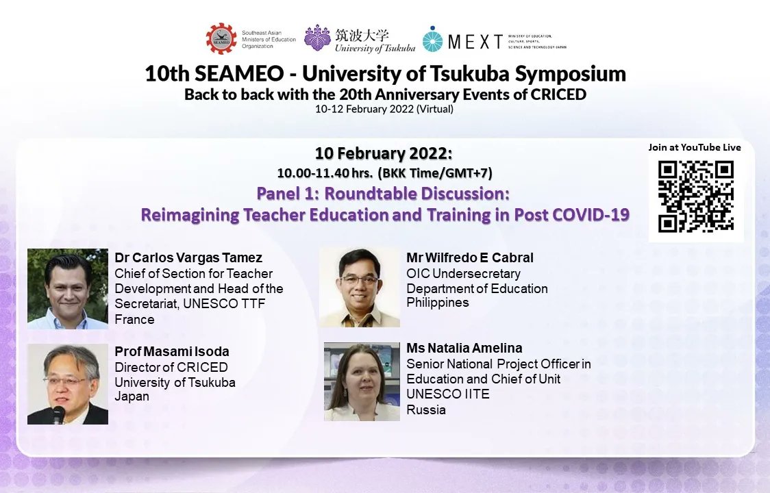SEAMEO_S's tweet image. Save the date to meet our experts!

📣10th SEAMEO-University of Tsukuba Symposium

📆 10 Feb 2022 (Day 1)

⏰ 0900-1600 hrs (GMT+7/BKK Time)

📺 YouTube Live: link.seameo.org/10SEAMEO-UT/Li…

🖲Symposium Details: link.seameo.org/10SEAMEO-UT

#SEAMEO #UniversityofTsukuba #MEXT 
#seameowebinar