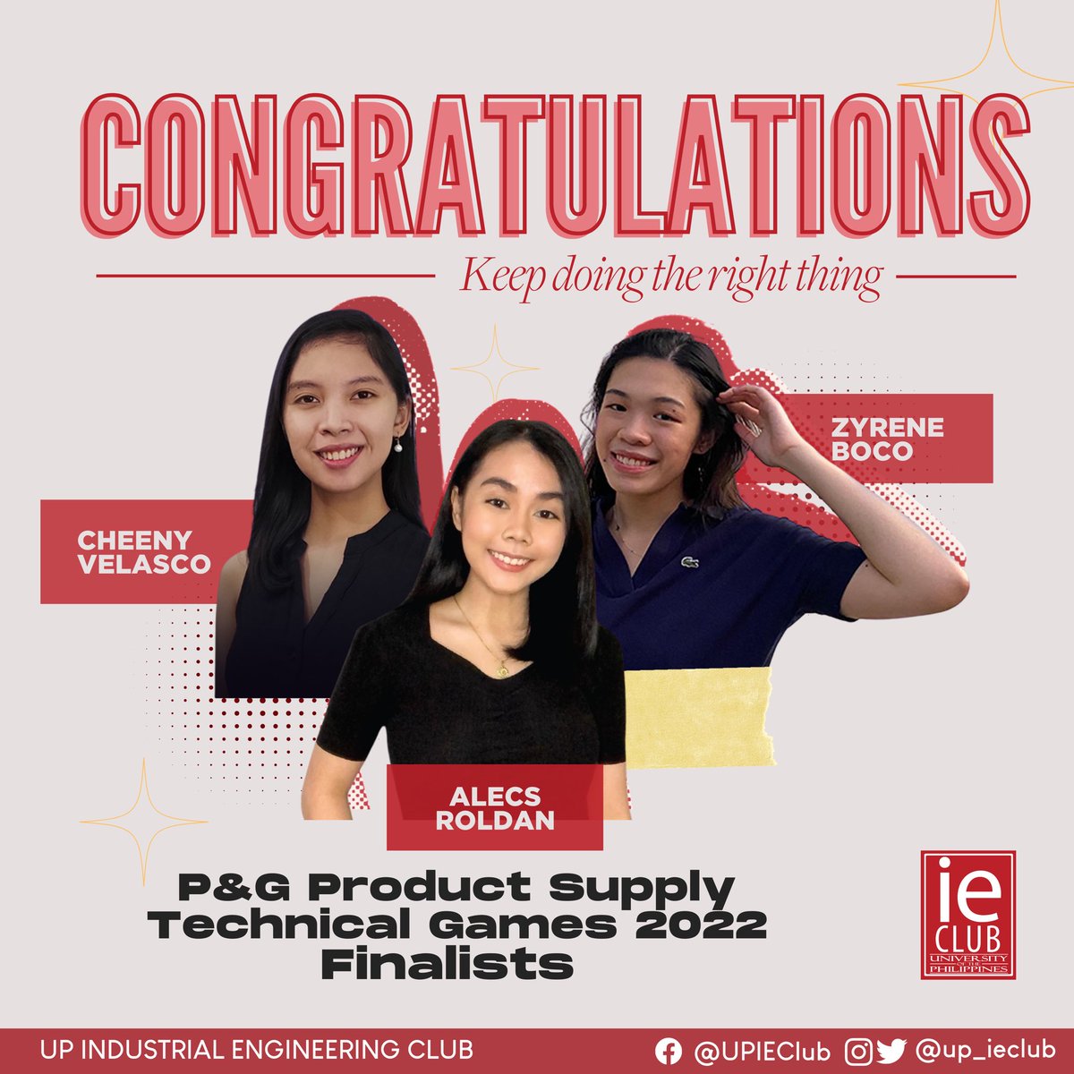up_ieclub's tweet photo. We would like to congratulate our resident Clubbers, Alecs Roldan, Alexandria Sombiro, Cheeny Velasco, Dinah Angot, Victoria Viejo and Zyrene Boco, for making it as Finalists in the P&amp;G E-xperience Training Camp: Product Supply Technical Games 2022 to be held this February 9 -11! https://t.co/TT9IC5z80A