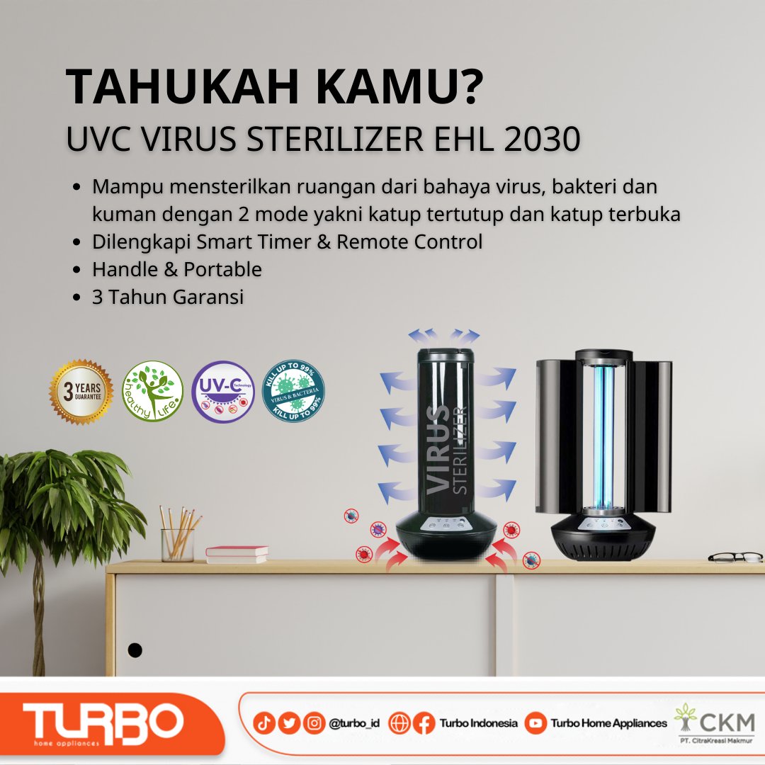 Stay Healthy dengan UVC Virus Sterilizer yang membantu mensterilkan ruangan dari bahaya virus, bakteri dan kuman. Dilengkapi 2 mode penggunaan yakni katup tertutup dan katup terbuka.

Turbo Vinator terbukti secara klinis bisa membunuh tungau, dan 99.99% membunuh virus dan bakteri