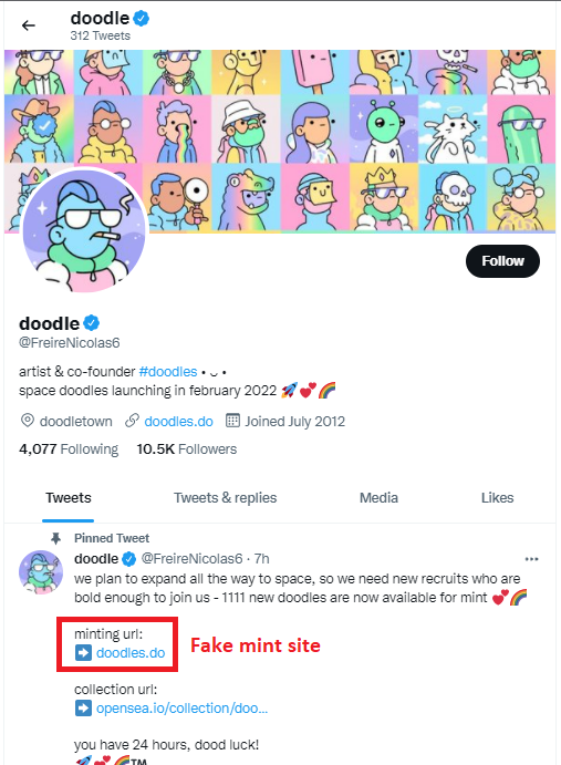 GuyIncognitoILV's tweet image. The @fingadelic profile is still up but the scammer has, for now, removed the @doodles name/banner.  @Twitter still needs to remove the profile. The EXACT same thing is now happening at @FreireNicolas6 - another Twitter-verified account (presumably hacked/renamed). Please report.