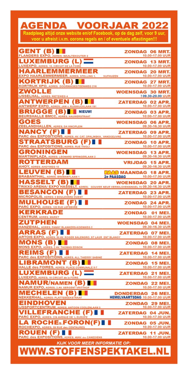 STOFSPEKTAKEL's tweet photo. ‼BREAKING NEWS‼
Onze nieuwe kalender van ✂Stoffen Spektakel✂ is bekend. 📣Zegt het voort!

We hebben een mooie lijst voor dit voorjaar kunnen maken, met 28 locaties.

In deze tijd vol "verrassingen", is het verstandig om even te checken of jouw favoriete beurs wel door gaat. https://t.co/fTSgFJ6kFC