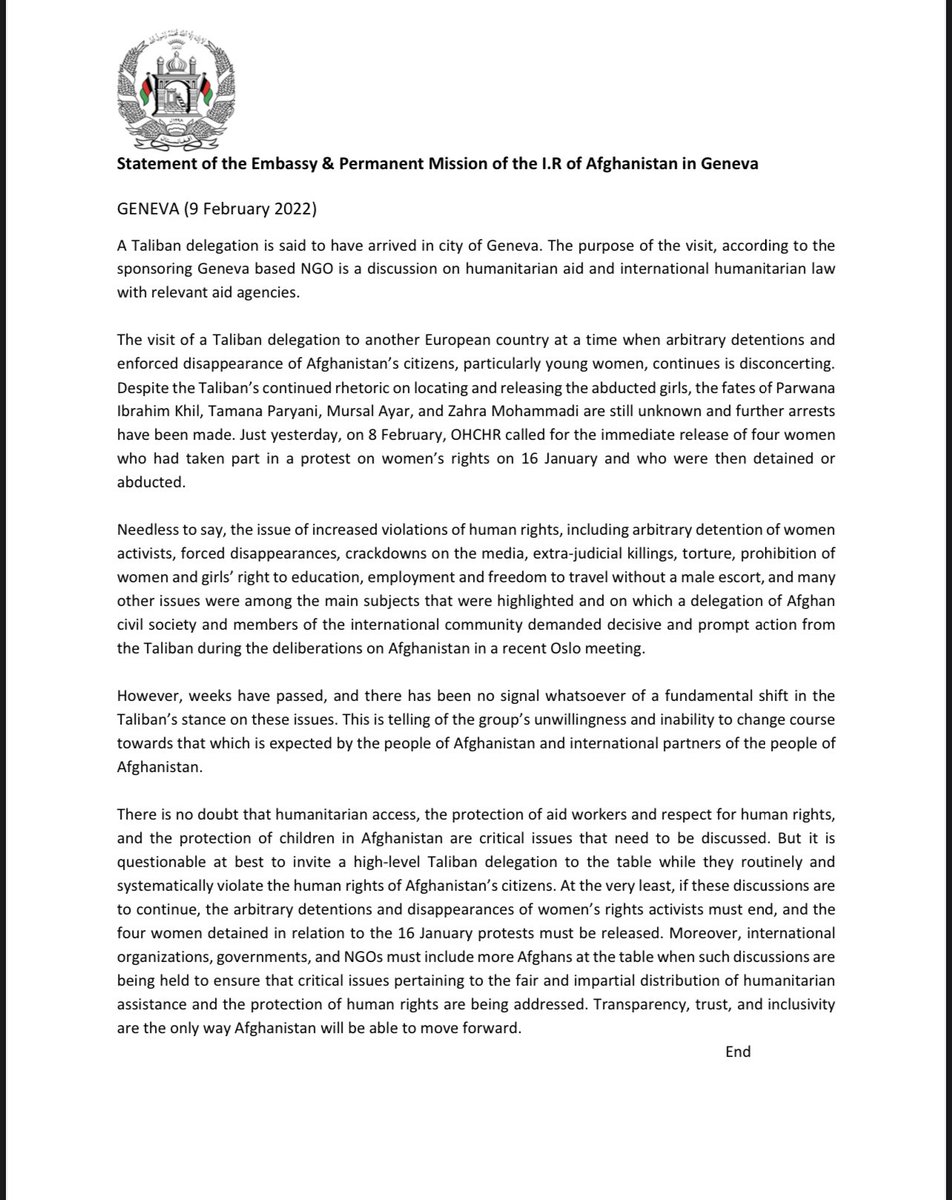 AfghanistanInCH's tweet photo. Statement of the Embassy and Permanent Mission: A Taliban delegation is said to have arrived in city of Geneva.The purpose of the visit, according to the sponsoring Geneva based NGO is a discussion on humanitarian aid and international humanitarian law with relevant aid agencies. https://t.co/GbfVGYKB2A