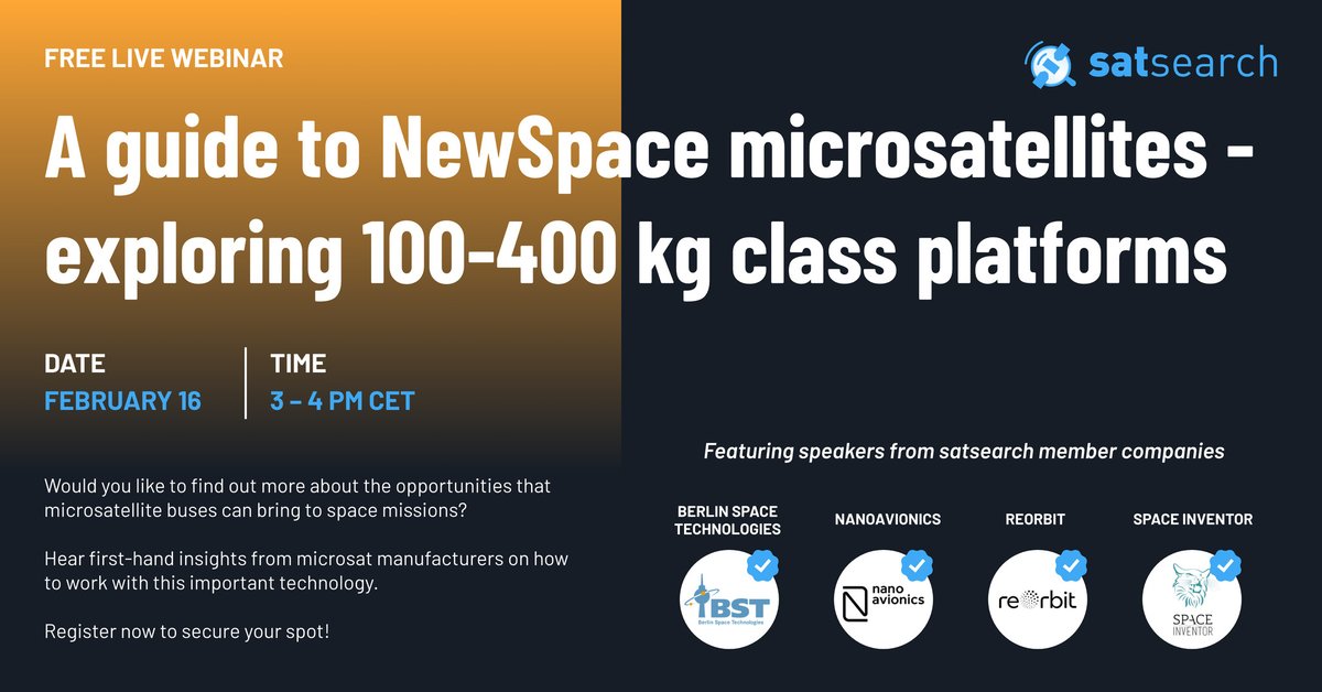 satsearchco's tweet photo. #Microsat platforms can bring versatility & high performance to space missions.
Hear insights on this tech, direct from manufacturers, in a new webinar: https://t.co/d7wlOKpixo
Feat. Berlin Space Technologies, @NanoAvionics @ReOrbitOy & Space Inventor https://t.co/T3KYGKJMS9