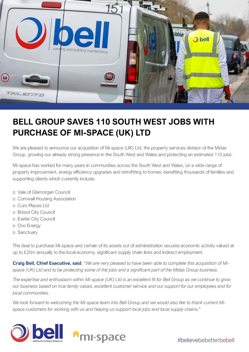 BellGroupUK's tweet photo. We are delighted to announce our acquisition of mi-space (UK) Ltd and look forward to welcoming the team to Bell

#BelieveBeBetterBeBell #MiSpace https://t.co/1bc7pmd2z8