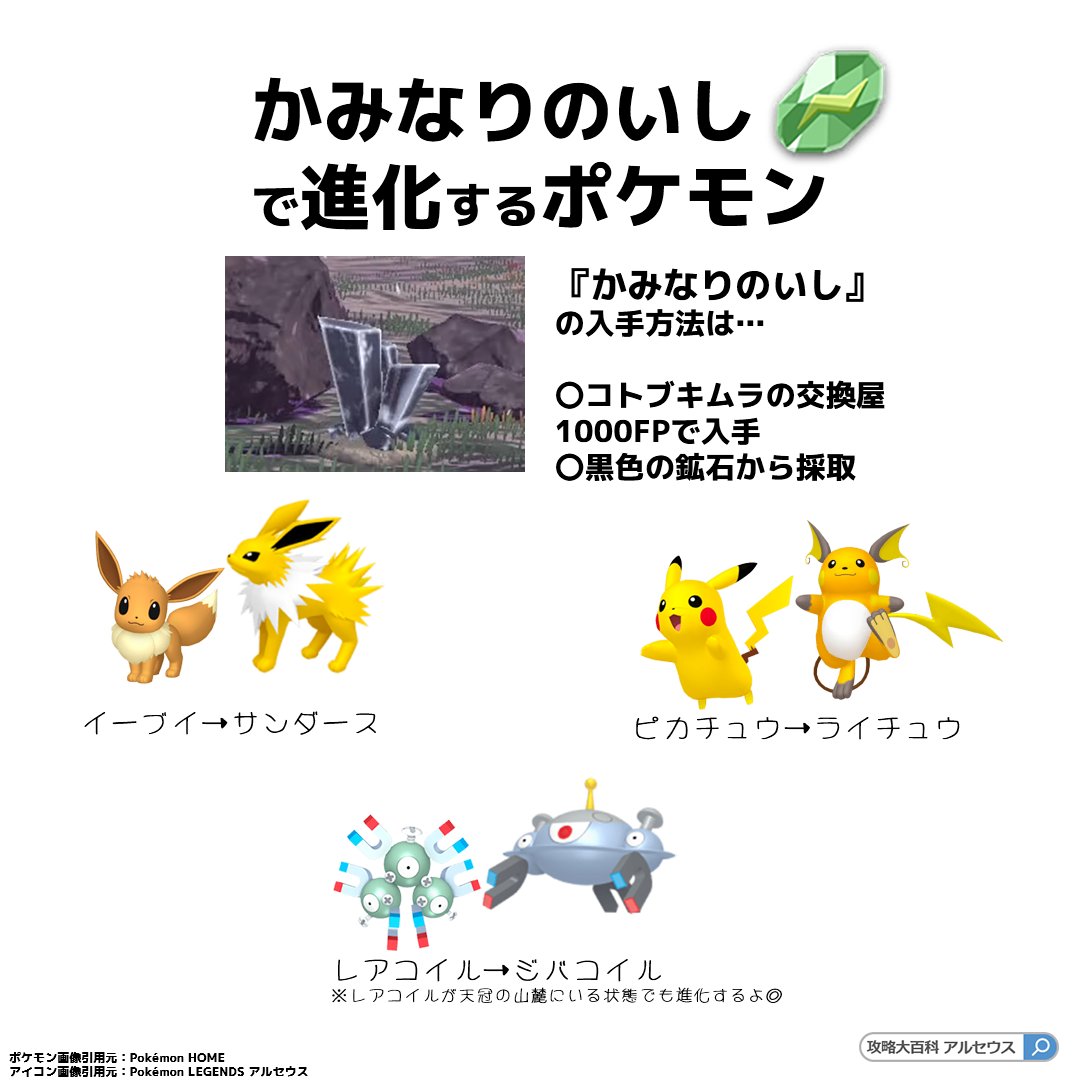 Twitter 上的 ポケモン攻略班 攻略大百科 アルセウス 道具で進化するポケモン一覧 特定の道具を使用して進化するポケモンをまとめました 道具の入手方法も一緒にご覧ください 画像が大量になってしまいスミマセン Pokemonlegends リプ欄に続きます