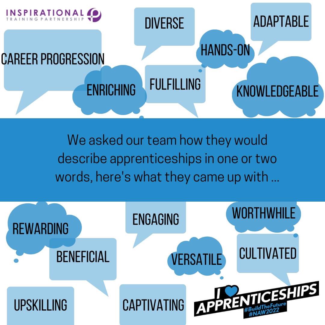 Theitp_1's tweet image. We asked our team how they would describe #apprenticeships in one or two words, here&apos;s what they came up with. 🤩😁

#NAW2022
