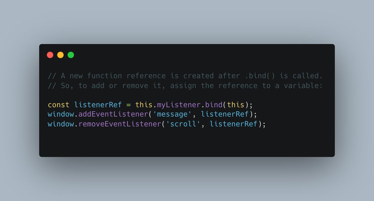 codekill3r's tweet image. How would you remove an event listener which was set via bind ? 

check this solution out in #js ...

#100DaysOfCode #javascipt #coding