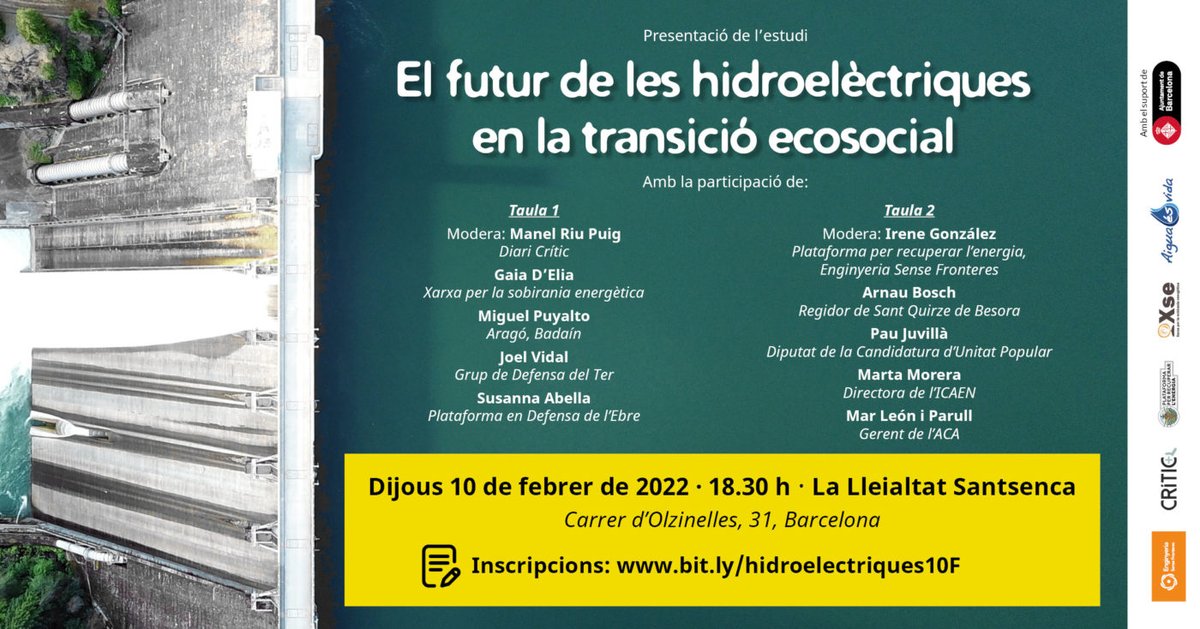 energiacat's tweet photo. #Jornada #TransicióEnergètica

🎙️ Presentació de l'estudi "El futur de les hidroeléctriques en la transició ecosocial" de @ESFCatalunya 

📆 10-02-2022 ⌚ 18:30 📍 La Lleialtat Santsenca

🔗 https://t.co/dZKGIMPBwR https://t.co/DYxCNcLuIX