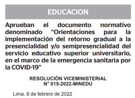 waltercurioso's tweet photo. "Las universidades públicas y privadas, así como las escuelas de posgrado podrán retornar a la modalidad presencial y/o semipresencial, de forma flexible y gradual, mediante implementación excepcional de modelos híbridos de enseñanza" vía @DiarioElPeruano 
https://t.co/TvulWBkbte https://t.co/a5KK0pCci3