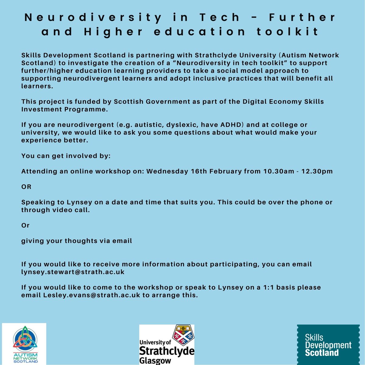 The Autism Network (@autism_network) on Twitter photo Exciting opportunity for neurodivergent learners in tech! <a href="/skillsdevscot/">Skills Development Scotland</a> is exploring the scope to develop a toolkit to support neurodivergent learners in tech courses. If you are a neurodivergent tech student (e.g. autistic, dyslexic, have ADHD) then please get in touch. Exciting opportunity for neurodivergent learners in tech! <a href="/skillsdevscot/">Skills Development Scotland</a> is exploring the scope to develop a toolkit to support neurodivergent learners in tech courses. If you are a neurodivergent tech student (e.g. autistic, dyslexic, have ADHD) then please get in touch.