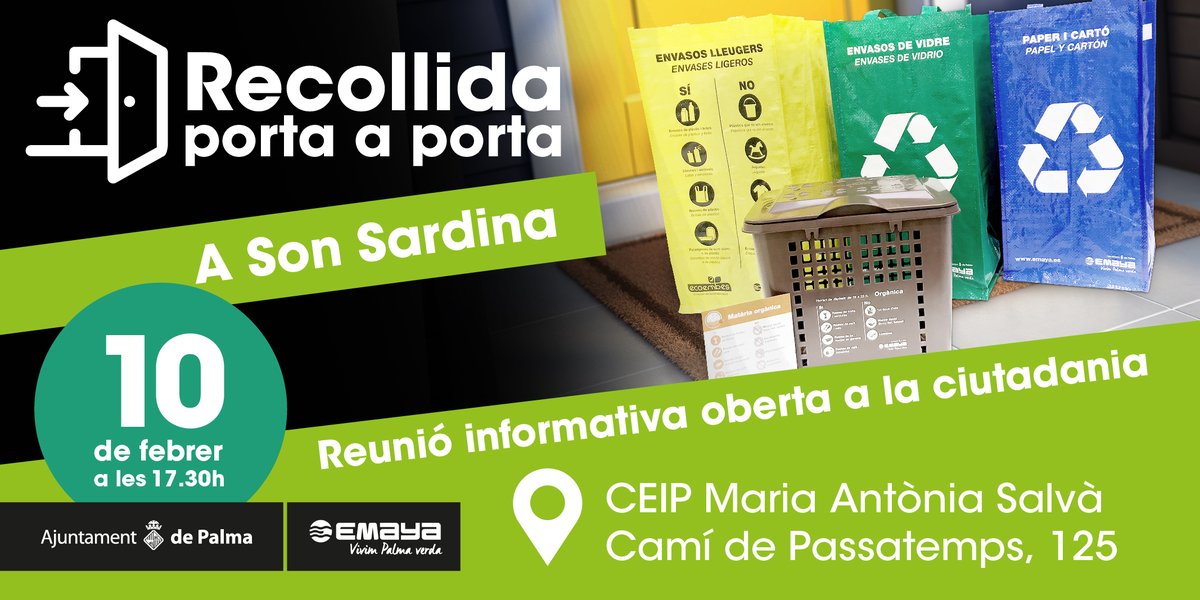 Vius a Son Sardina?

Et convidam a la reunió participativa sobre el futur sistema de recollida de residus:

ℹ️Informa’t sobre com serà la recollida porta a porta
☝️Fes-nos arribar els teus dubtes i suggeriments

Demà dijous 10/02 a les 17.30 h al CEIP Maria Antònia Salvà.