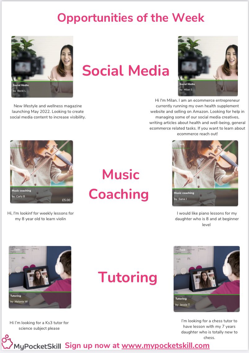 MyPocketSkill's tweet photo. Check out some of our latest opportunities available to teens! From social media📱tutoring 📚 and music coaching 🎶

https://t.co/PR9yzfBMDh

#earnsavelearn #teenjobs #FinancialEducation #genZ #teenskills https://t.co/QS6HJDRUYb