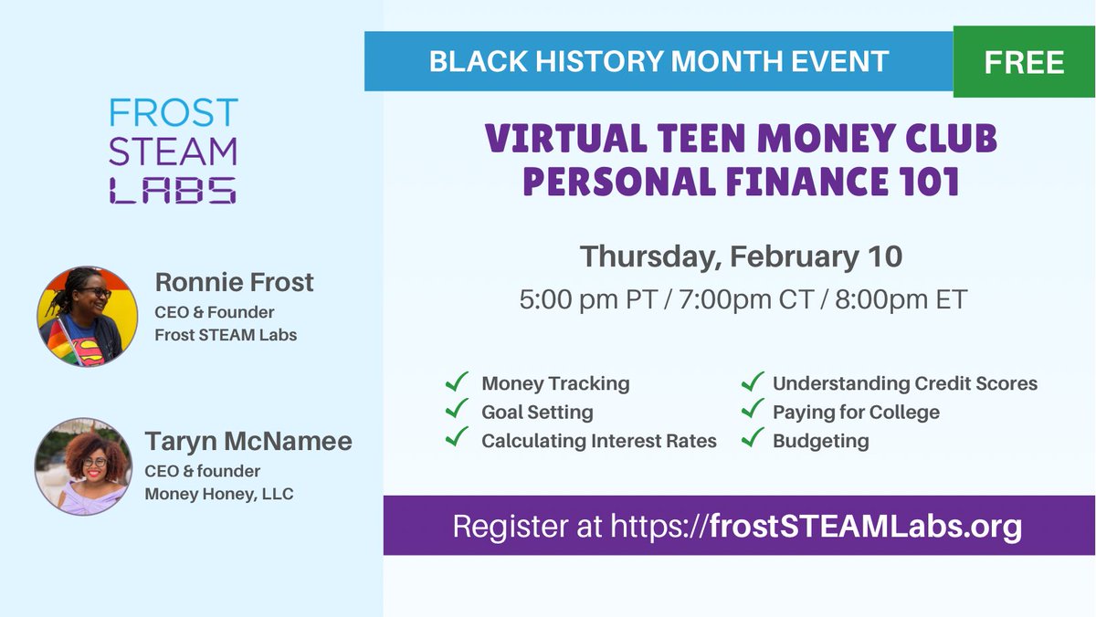 frostSTEAMlabs's tweet image. Join us this Thursday for our Finance 101 event for teens and youth. 
#FinancialLiteracy 

froststeamlabs.org/money/youth-mo…