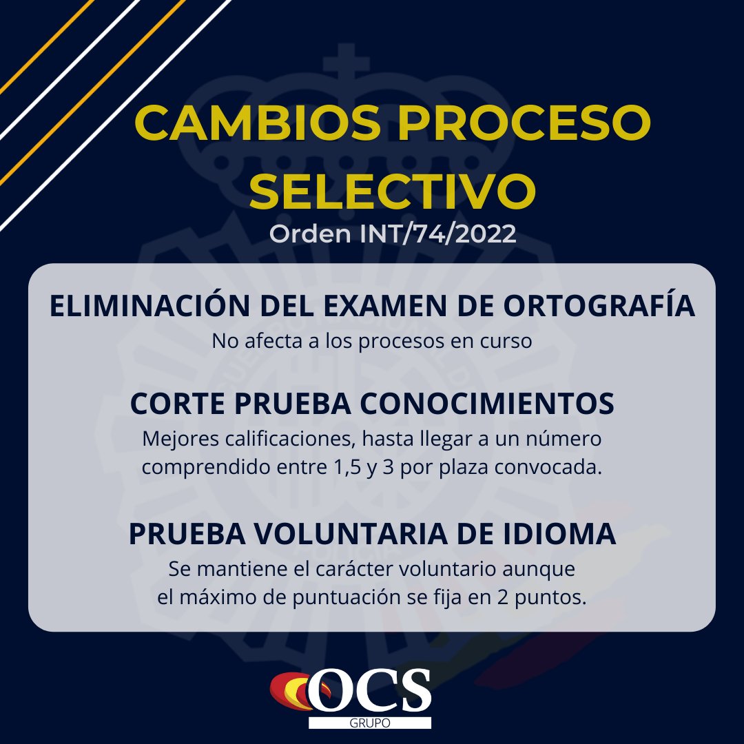 ¡¡NOTICIAS IMPORTANTES!! Cambios en los futuros procesos selecticos de policía nacional: 
🚨Eliminación de ortografía
🚨Nota de conocimientos fijada según mejores notas
🚨Posibilidad de incluir en el temario nuevas materias 
🚨Se mantiene el idioma voluntario (máx. 2 puntos)