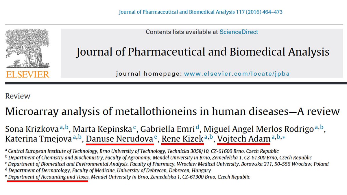 Trio of popular prolific scientific authors from Brno in their best shape: 2016 and the review by <a href="/danusenerudova/">Danuše Nerudová</a> , Kizek &amp; Adam. 
Inspired by <a href="/MicrobiomDigest/">Elisabeth Bik</a> , I offer 🏅to those who'll find a correct relation between metallothioneins and accounting&amp;taxes...!