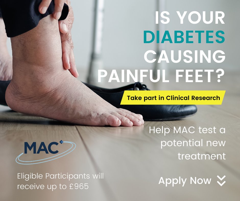 MAC_Research's tweet photo. Do you have a diabetes neuropathy diagnosis of more than 6 months? MAC is running a trial to test a new potential treatment for diabetic nerve pain in the legs and feet. If you'd like to find out more, visit: https://t.co/wwkohxwQCl #Diabetes #DiabeticNeuropathy #ClinicalResearch https://t.co/yZqOQiq46S