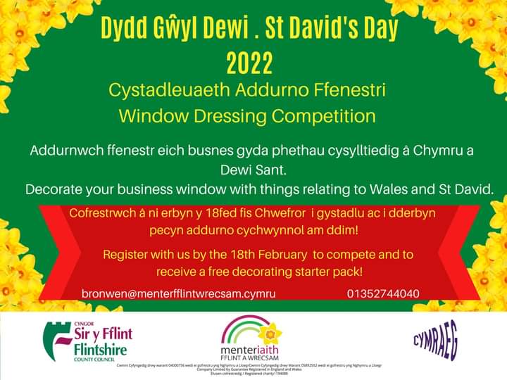 🏴󠁧󠁢󠁷󠁬󠁳󠁿Cystadleuaeth Addurno Ffenestri Sir y Fflint/Flintshire's Window Dressing Competition🏴󠁧󠁢󠁷󠁬󠁳󠁿

I fusnesau yn  / For businesses in: 
🔸Yr Wyddgrug / Mold
🔸Y Fflint / Flint
🔸Treffynnon / Holywell
🔸Cei Connah / Connah' s Quay
🔸Shotton

Cofrestra/Register by:18.02.22
#DewiSiryFflint