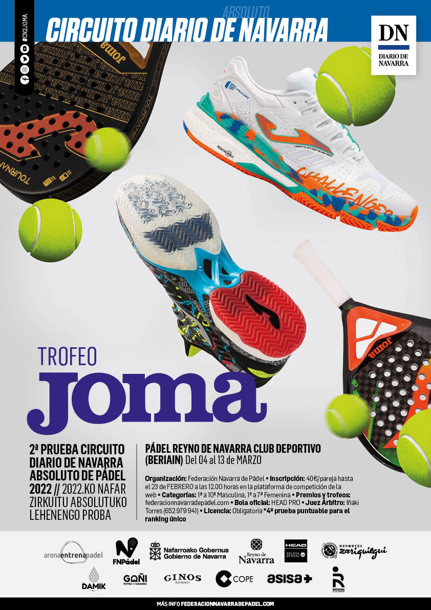 📢¡INSCRIPCIÓN ABIERTA para disputar el TROFEO <a href="/JomaSport/">Joma Sport</a> – 2ª PRUEBA CIRCUITO <a href="/DiariodeNavarra/">Diario de Navarra</a> ABSOLUTO DE PÁDEL 2022!
📍 @EntrenaPadel / <a href="/ADSanJuanDKE/">AD San Juan</a> 
📅04-13 MARZO
📝Apúntate hasta el 23 de FEBRERO a las 12.00h pinchando AQUÍ👉bit.ly/3gyZ8A9

#CN2JOMA #padel #navarra