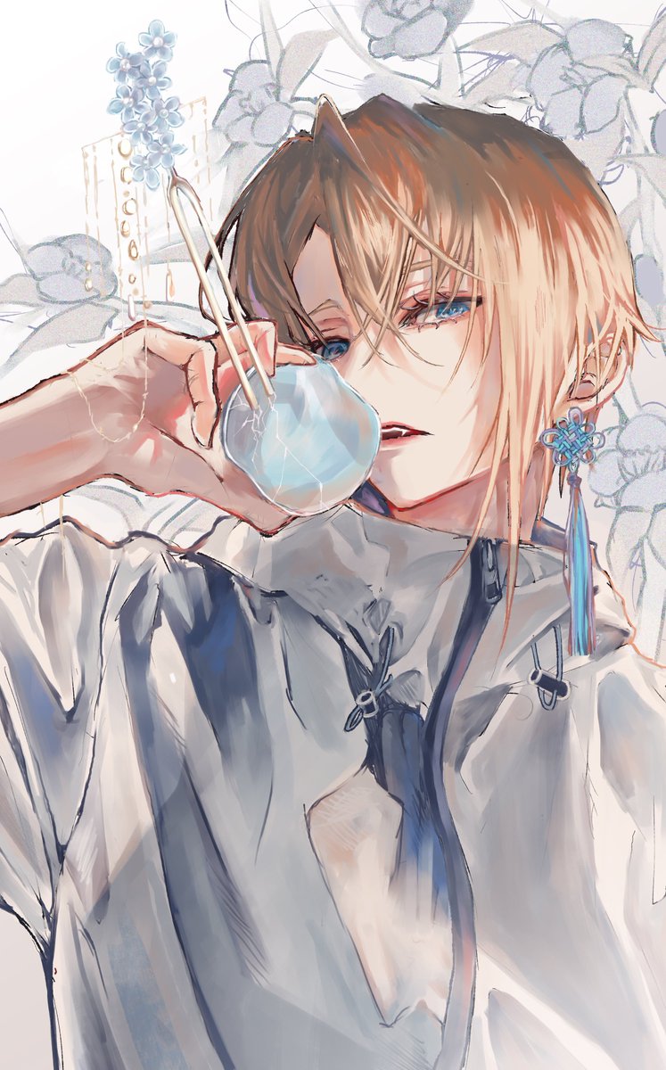 1boy male focus solo earrings jewelry blue eyes blonde hair  illustration images