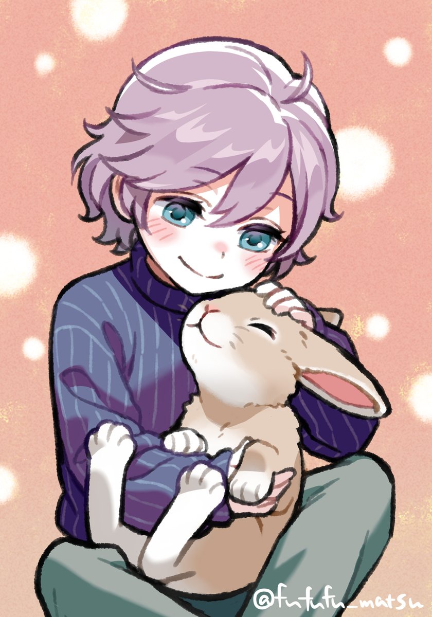 1boy male focus smile sweater blue eyes rabbit animal  illustration images