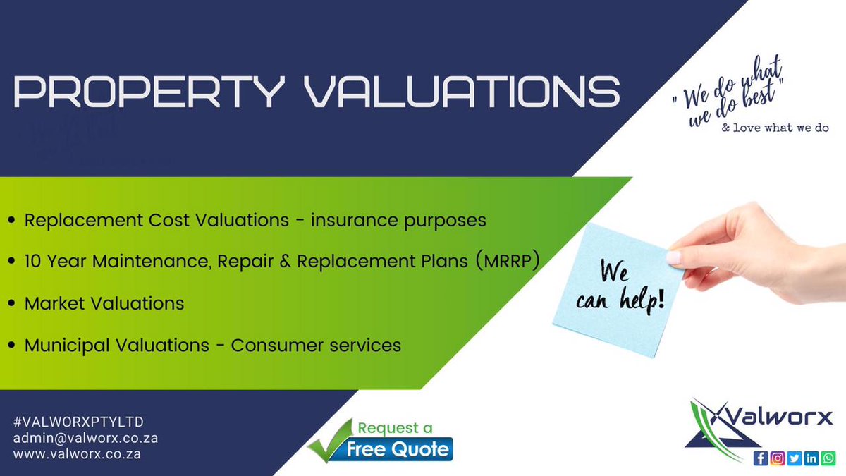 ValworxL's tweet photo. For all your property valuation needs contact us at https://t.co/8TGlmLpF4E
#valuations #sectionaltitle #valworx #valuers https://t.co/XxfO37cQS7