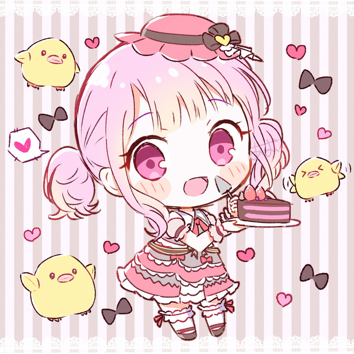 1girl heart pink hair food hat spoken heart chibi  illustration images