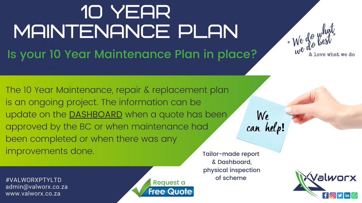 ValworxL's tweet photo. Is your 10 Year Maintenance plan in place. Contact us at https://t.co/8TGlmLpF4E for your 10 Year plan or any assistance with the update of your plan.
#10yearplan #MRRP #sectionaltitle #maintenanceplan #valworx https://t.co/dt4S0u4xOB