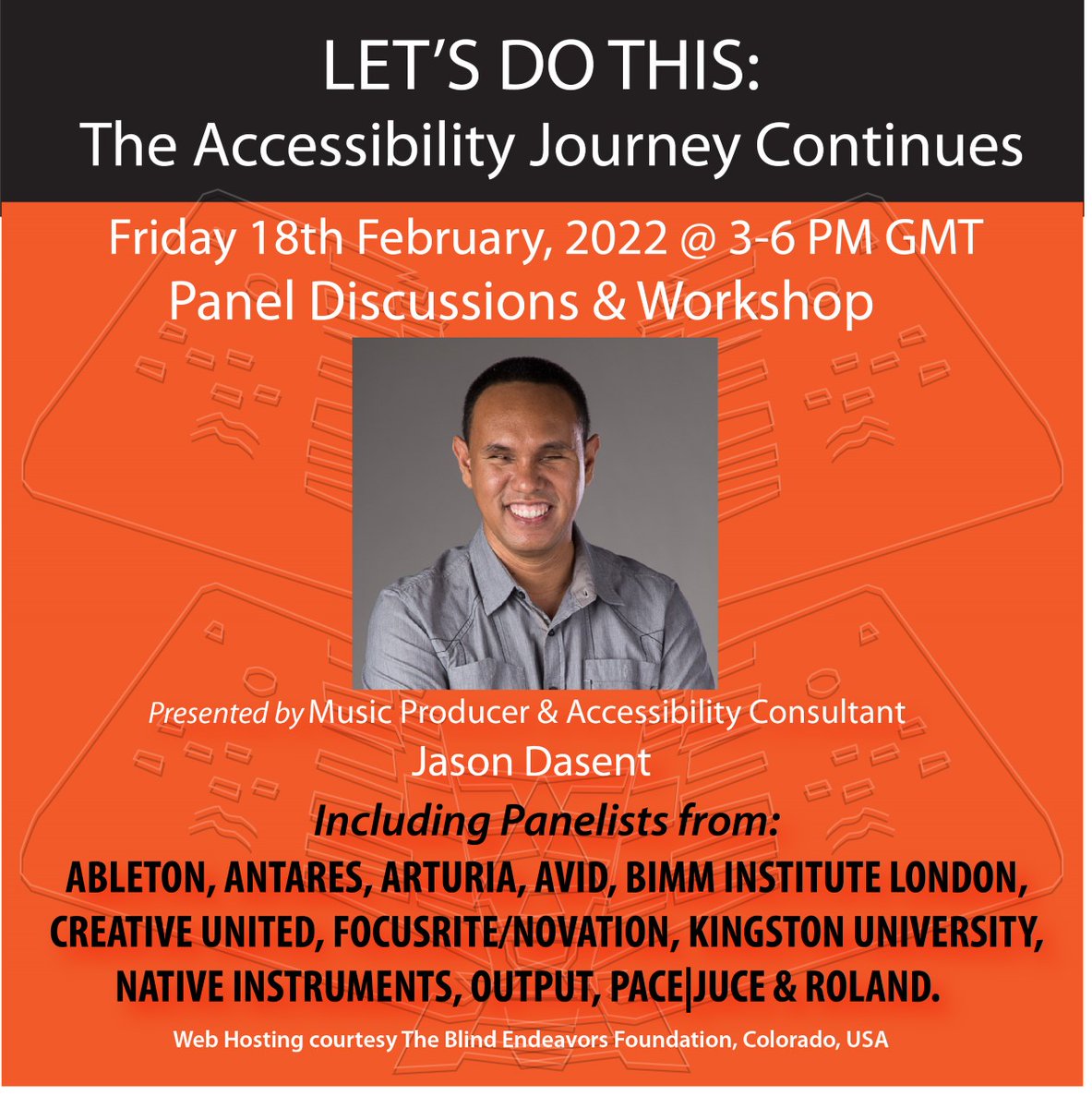 Drake Music DMLab (@drakemusicrandd) on Twitter photo Don't miss the next <a href="/JasonDasent/">Jason Dasent</a> event on Accessibility in Music Tech - coming up on 18th Feb, 3-6pm.
It's got a blockbuster line up including <a href="/Ableton/">Ableton</a> <a href="/WeAreFocusrite/">Focusrite</a> <a href="/NI_News/">Native Instruments</a> and more: eventbrite.com/e/lets-do-this… #A11y Don't miss the next <a href="/JasonDasent/">Jason Dasent</a> event on Accessibility in Music Tech - coming up on 18th Feb, 3-6pm.
It's got a blockbuster line up including <a href="/Ableton/">Ableton</a> <a href="/WeAreFocusrite/">Focusrite</a> <a href="/NI_News/">Native Instruments</a> and more: eventbrite.com/e/lets-do-this… #A11y