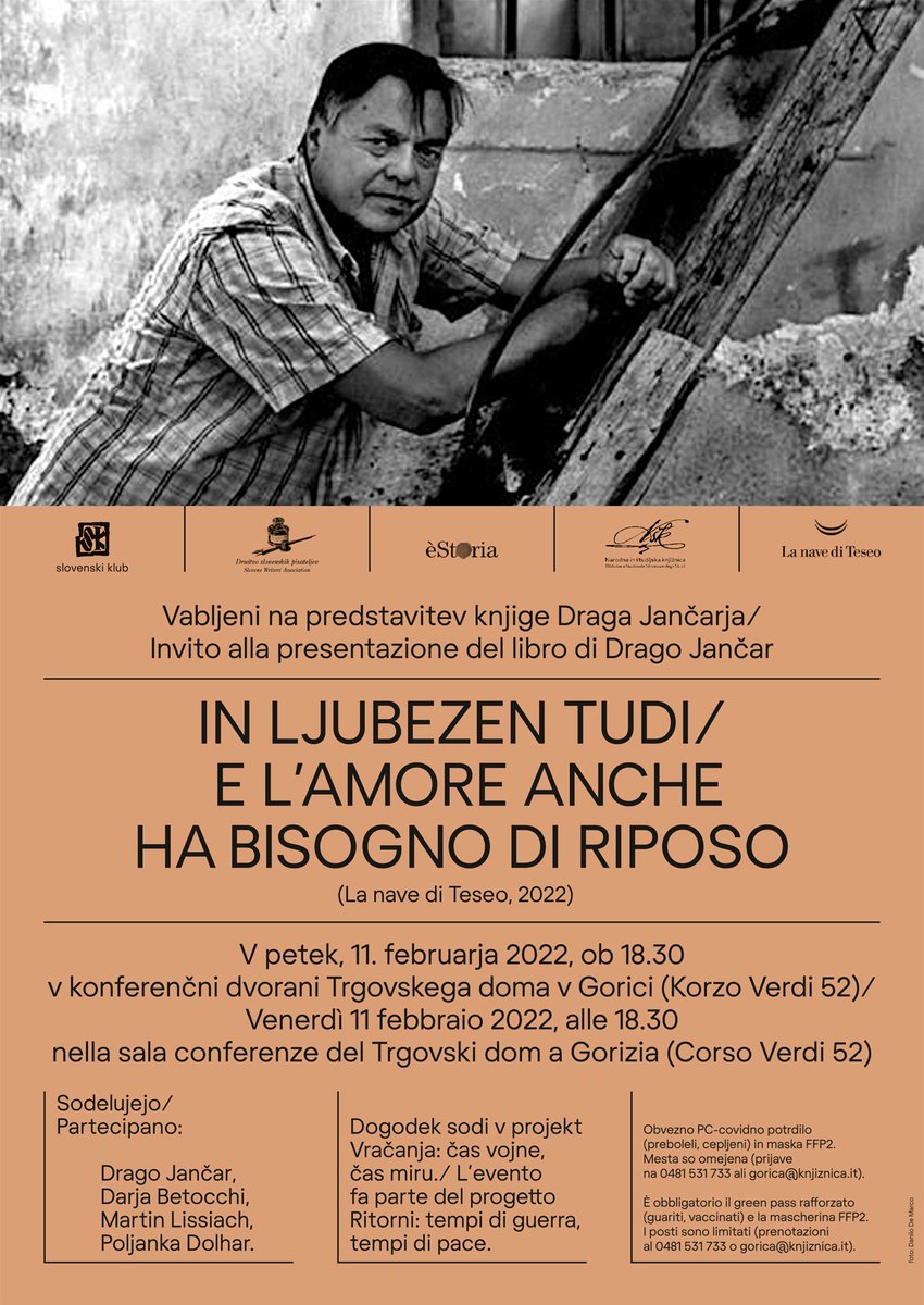 Drago Jančar v petek, 11. februarja, ob 18.30 v Trgovskem domu #Gorica

Stavolta ospiteremo lo scrittore sloveno Drago Jančar a #Gorizia, al Trgovski dom. Ci vediamo venerdì 11 febbraio alle 18.30! 

➡️Prijave /prenotazioni 
☎️ 0481 531 733 
📧 gorica@knjiznica.it