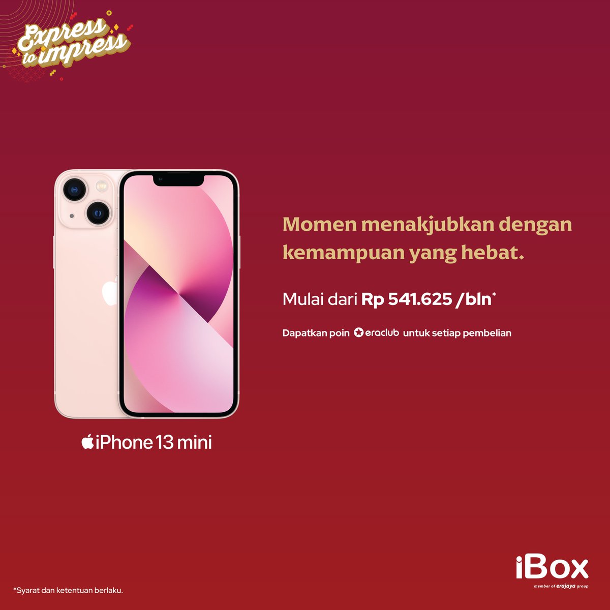 Momen menakjubkan dengan kemampuan yang hebat.
Miliki iPhone 13 mini dengan harga mulai dari Rp 541.625/bulan* di iBox dan dapatkan poin eraclub untuk setiap pembelian.

*Syarat dan ketentuan berlaku