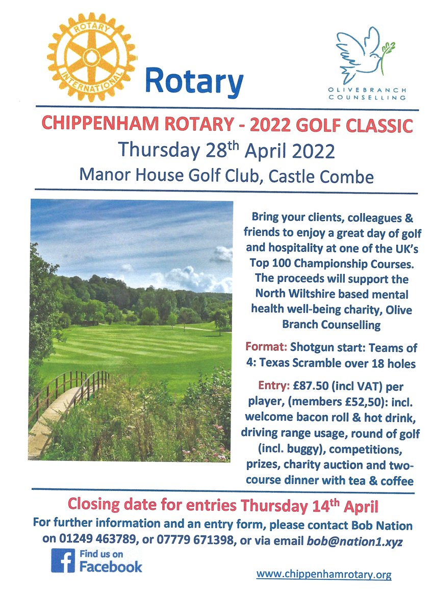 RotaryChipp's tweet photo. We are holding our 15th charity golf day on 28th April at  Manor Golf Course at Castle Combe. We are supporting the  North Wiltshire mental health charity, Olive Branch Counselling. https://t.co/HPlBMVNZ7g
Interested? Contact Bob Nation, bob@nation1.xyz, Tel 07799 671398. https://t.co/tIUgccRbnQ