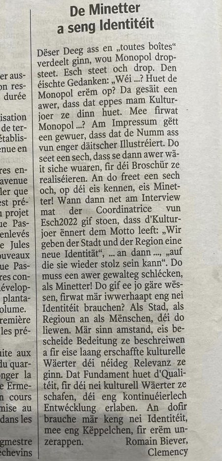 ILESEcoSol's tweet photo. Dat ass immens! Kulturjoer Esch2022 fir dem Minett eng nei Identitéit ze gin. https://t.co/iFJyub8At6