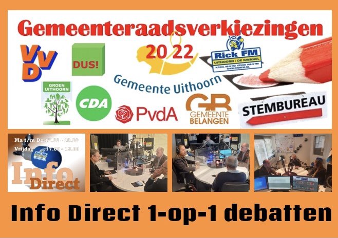 RadioRickFM's tweet photo. 1-op-1 @RaadUithoorn verkiezingsdebatten @Gem_Uithoorn op Rick FM in het programma Info-Direct (17-18u) Informatie en uitzendschema👉 https://t.co/9uUUEuMfYB
#gemeenteraadsverkiezingen #gemeenteuithoorn #rickfm https://t.co/RNvmvnALSm