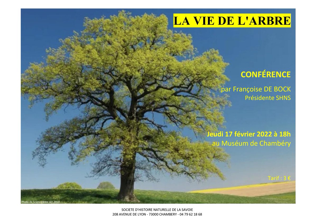 Nous avons le plaisir de vous annoncer la prochaine #conférence de la Société d'Histoire Naturelle de #Savoie :  Jeudi 17 février 2022 à 18h au Muséum de #Chambéry, sur “ La vie de l'Arbre ” par Françoise DE BOCK, présidente de la SHNS. Tarif : 3€. #nature #arbre