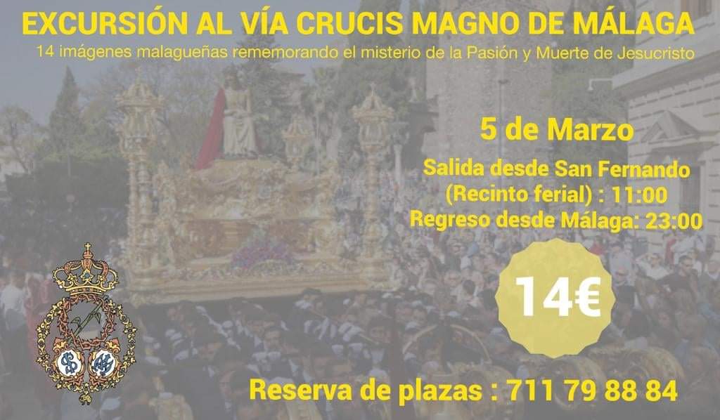 EXCURSIÓN AL VÍA-CRUCIS MAGNO DE MÁLAGA

Nuestros jóvenes organizan para el próximo 5 de marzo una excursión al Vía-Crucis Magno de Málaga. Los detalles están en el cartel que adjuntamos. Recuerda que para más información y reserva de plazas contacta con el teléfono 711798884