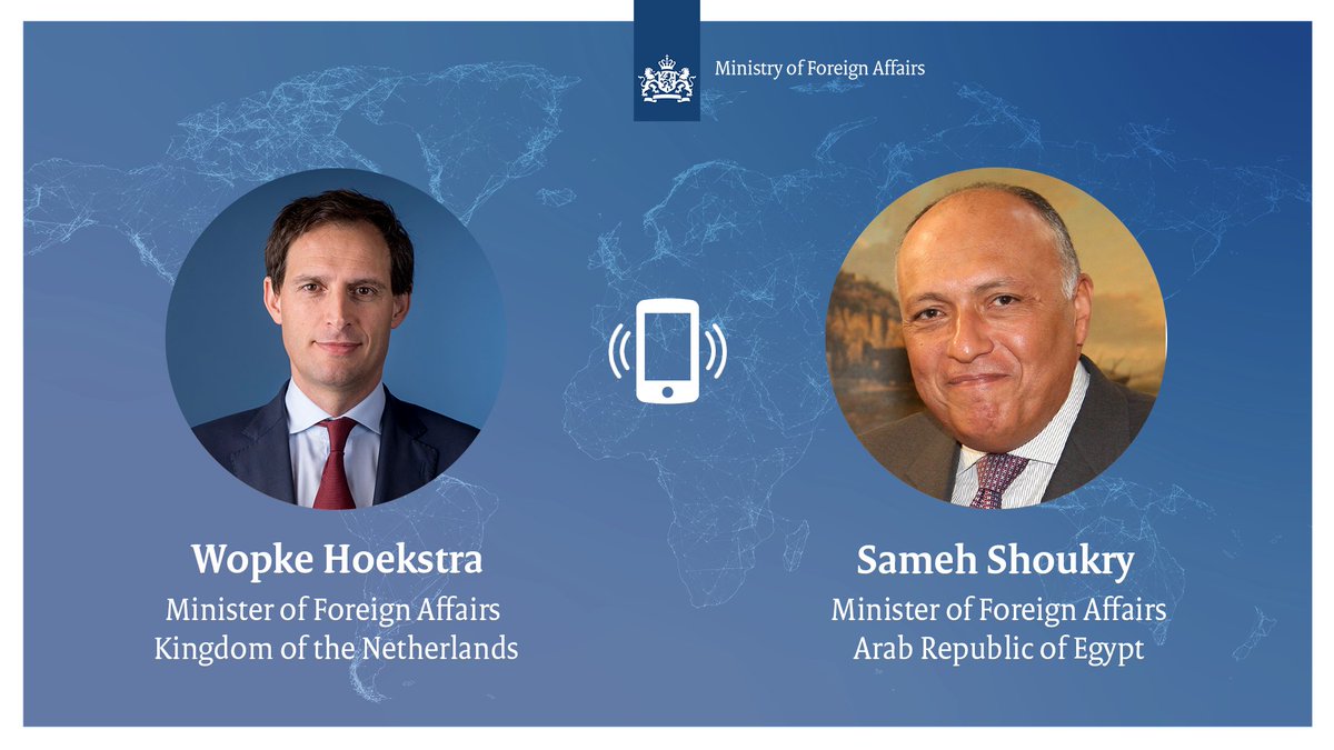 Blue visual with government logo, minister Hoekstra on the left, Minister Shoukry on the right. The background is a faded worldmap in white.