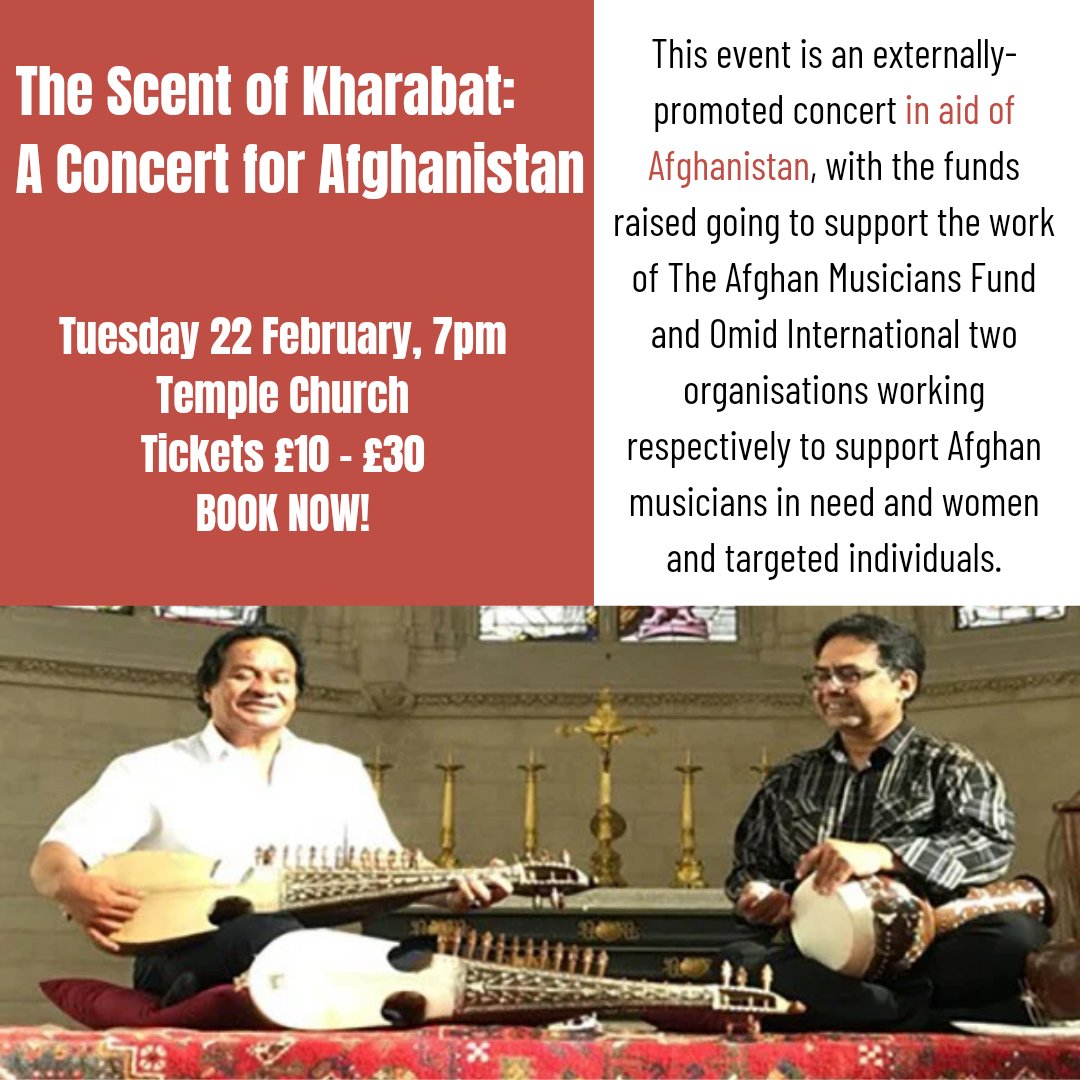 The Scent of Kharabat: A Concert for Afghanistan This concert in support of Afghanistan, its people and musicians, brings three professional Afghan musicians to London. BOOK YOUR TICKETS NOW: Templemusic.org #NonProfit #Afghanistan #WindowOnAfghanistan #TempleMusic