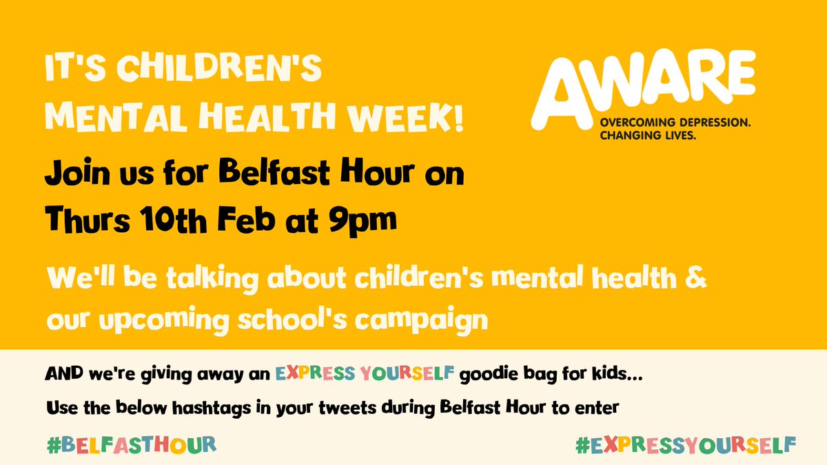 Join us tomorrow at #BelfastHour where we will be talking to <a href="/AwareNI/">AWARE</a> about children's mental health and giving away a lovely children's 'Express Yourself' goodie bag! #ExpressYourself