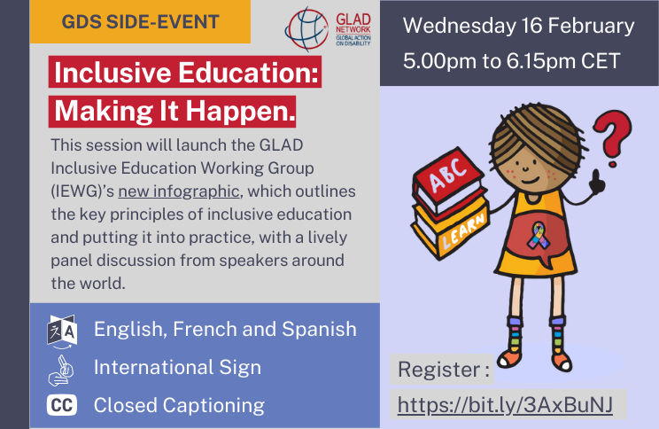 Inclusion International (@inclusionintl) on Twitter photo Join us for 'Inclusive Education: Making it happen' #GDS2022 Side-event on Wed 16 Feb for the launch of <a href="/GLAD_Net/">GLAD Network</a> #InclusiveEducation Working Group's Infographic with key principles, practical guidance and a lively panel discussion. #GDSIE #CommitToChange bit.ly/3rDf3Um Join us for 'Inclusive Education: Making it happen' #GDS2022 Side-event on Wed 16 Feb for the launch of <a href="/GLAD_Net/">GLAD Network</a> #InclusiveEducation Working Group's Infographic with key principles, practical guidance and a lively panel discussion. #GDSIE #CommitToChange bit.ly/3rDf3Um