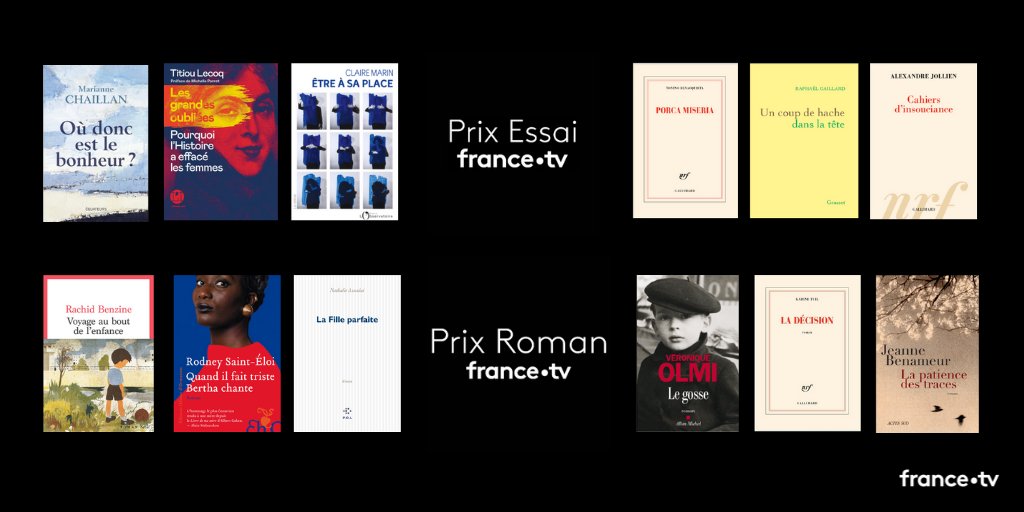 Francetele's tweet photo. đđ
#VendrediLecture | #PrixEssai et #PrixRoman France Télévisions 2022
6 essais et 6 romans ont été sélectionnés par nos journalistes littéraires, Olivia de Lamberterie et François Busnel !
đ https://t.co/HxWBavUY9D
DĂ©couvrez les Ćuvres en lice — https://t.co/MojsYG3MRW
