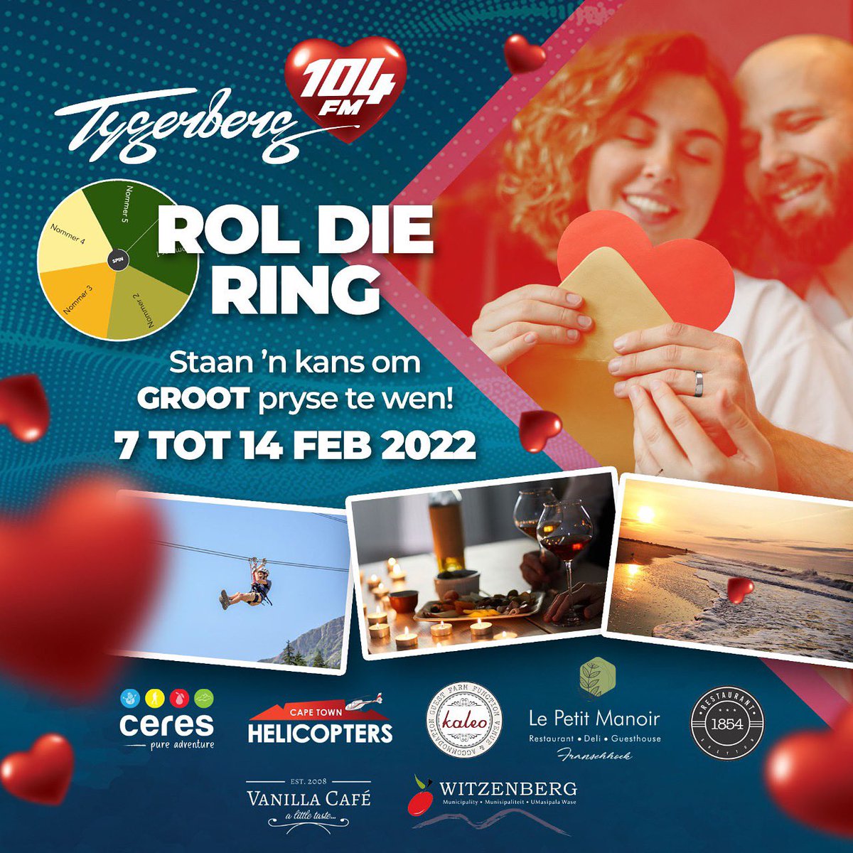 ROL DIE RING
Die week vier ons die liefde en ons kyk hoe goed paartjies mekaar ken in die Rol die Ring uitdaging tydens Ontbyt (06:00-09:00) en ook Kortpad (15:00-18:00). Groot pryse gaan gewen word!